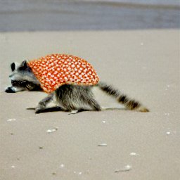 AI generated image of a baby raccoon in a polka dot bathing suit on all fours wandering around a beach