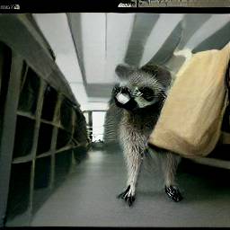 AI generated image of a baby raccoon holding a paper grocery bag and walking through the isles of a library