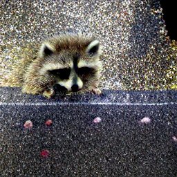 AI generated image of a baby raccoon in a library wearing a yellow dress and looking at the camera