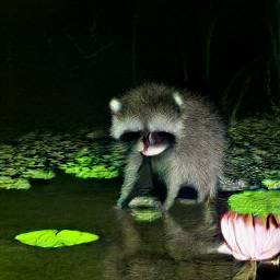 AI generated image of baby raccoon in an office wearing a yellow skirt