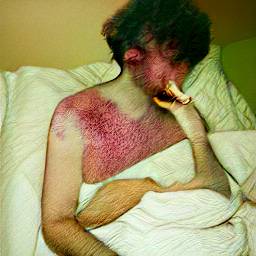 AI generated image of my OC patrice (or maybe it's pierre) sitting in bed smoking a cigarette. He has short-ish curly hair, and a red port wine stain birth mark on his face and shoulder