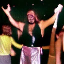 AI generated image of a man with long hair and facial hair in a disco raising his arms to dance