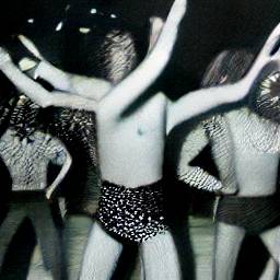 AI generated image of a man in only a sort of speedo on a dance floor in a photo taken in black and white. The man appears to be dancing but he also has at least four or five arms and he is whirling them around his head