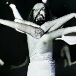 AI generated image of a man in only a sort of speedo and with facial hair and long hair on his head on a dance floor in a photo taken in black and white. The man appears to be dancing but he also has at least six arms and he is whirling them around his head