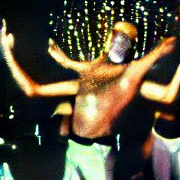 AI generated image of a color photo taken in a disco where a tan man with at least four arms whirling around his head is dancing with no shirt