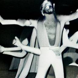 AI generated image of a black and white photo taken in a disco showing a man in a sort of jumpsuit and cape with many arms reaching his arms out