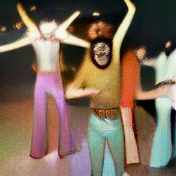AI generated image of a color photo in a disco in the 70s showing people in no shirts and bellbottoms dancing, some of which have multiple sets of arms