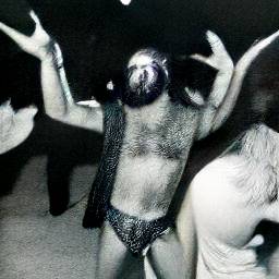 AI generated image of a man with two sets of arms, a speedo, bare, hairy chest, and open vest raising his arms up to dance in a disco