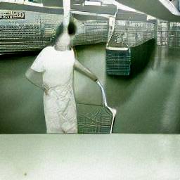 AI generated image of a ripped photo of a person in all white standing in a grocery store, now faded with time