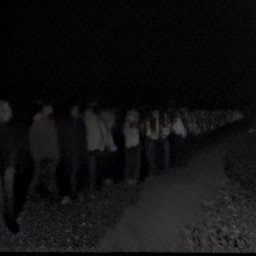 AI generated image of a line of people outside at night walking through down a road in black and white