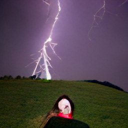 AI generated image of a hill at night being struck by lightning while in the foreground a woman looks at the camera