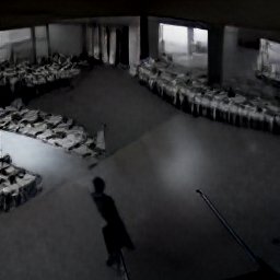AI generated image of CCTV footage of what looks like a ballroom with seats set up and someone standing in the middle