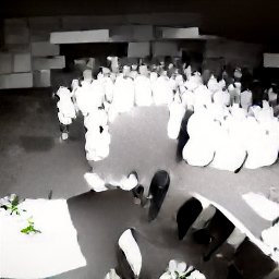 AI generated image of a black and white photo still that looks like security footage of a group of people gathered in the middle of a room at night or in the dark in a spiral or semi-circle, as they seem to glow.