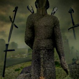AI generated image of what looks like a 3D generated iamge of a large stone humanoid sculpture with broken swords hanging in the air around it in a dim, green landscape