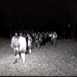 AI generated image of a line of people walking through darkness at night toward the camera
