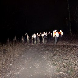 AI generated image of a line of people walking through darkness at night away from the camera