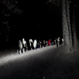 AI generated image of a line of people walking through darkness at night away from the camera