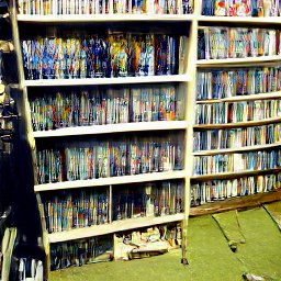 AI generated image what looks like a photo of shelves full of lots of dvds/books/etc.
