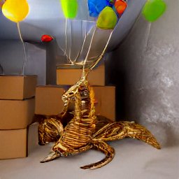 AI generated image of a basement full of boxes with a scorpion made out of balloon also being pulled up by its tail by balloons