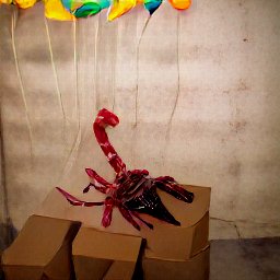 AI generated image of a basement with a few boxes in it and a red balloon scorpion with balloons attached to its tail