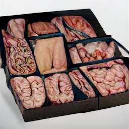 AI generated image of a box or briefcase full of meats and organs packaged close together