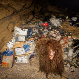 AI generated image of what looks like a pile of junk inside a cave with some sort of long-haired head floating in front of it