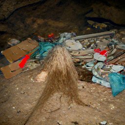 AI generated image of what looks like more junk in a cave, this time wtih something with very long bonde hair covering its face/body in the middle of the scene