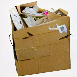 AI generated image of a white background and a cardboard box of junk