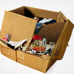 AI generated image of a white background and a cardboard full of junk