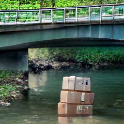 AI generated image of a river with a bridge going over it and a pile of boxes in the water under the bridge