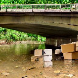 AI generated image of a river with a bridge going over it and a pile of boxes in the water under the bridge