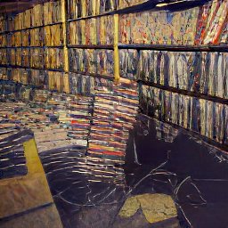 AI generated image of a bunch of shelves with junk all over the floor in front of them