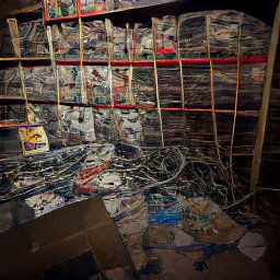 AI generated image of a bunch of shelves with junk all over the floor in front of them