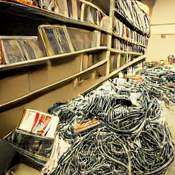 AI generated image of a bunch of shelves with junk all over the floor in front of them