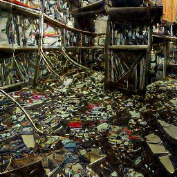 AI generated image of a bunch of shelves with junk all over the floor in front of them
