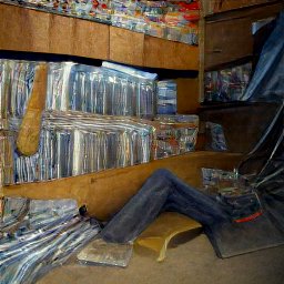AI generated image of a bunch of shelves with junk all over the floor in front of them