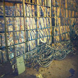 AI generated image of a bunch of shelves with junk all over the floor in front of them