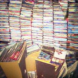 AI generated image of a bunch of shelves with junk all over the floor in front of them