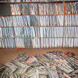 AI generated image of a bunch of shelves with junk all over the floor in front of them