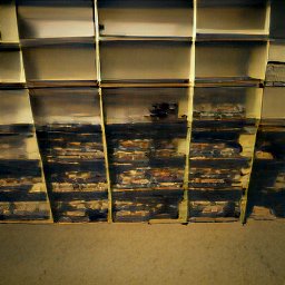 AI generated image of a bunch of shelves with junk all over the floor in front of them