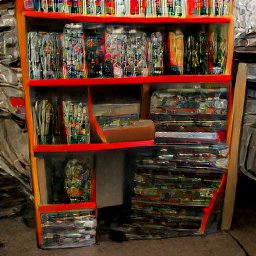 AI generated image of a bunch of shelves with junk all over the floor in front of them