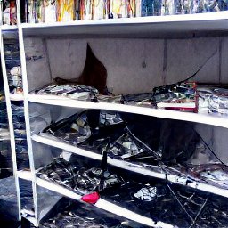 AI generated image of a bunch of shelves with junk all over the floor in front of them