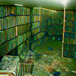 AI generated image of a dimly lit green-hued basement or library with big bookshelves going from floor to ceiling and creating a sort of alleyway. There are books on the shelves, but also on the floor, along with a mess of unidentifiable color as if something has spilled everywhere.