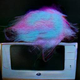 AI generated image of a pink and blue hairy brain hovering in front of an old computer monitor screen