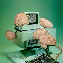 AI generated image of a mint-green computer that looks like it's from the 70s or 80s with five brains hugging onto it like parasites