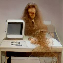 AI generated image of an old computer on a desk with a floating head next to it with no face and very long tangled copper hair