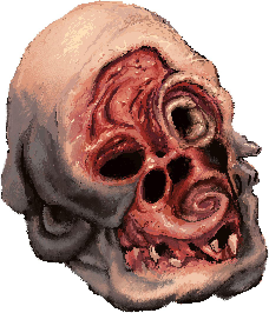 Pixel art drawing of a strange severed head with swirling flesh and holes for eyes nose and almost no mouth, but broken teeth coming out of visible gums