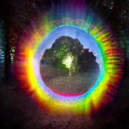 AI generated image with minor edits in photoshop to adjust color/brightness levels etc., made to look like a portal in the woods with a rainbow aura around it.