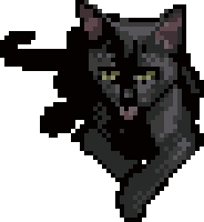 Pixel art drawing of a black cat sitting with his tongue sticking out