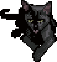 Pixel art drawing of a small black cat named Cowboy sitting down